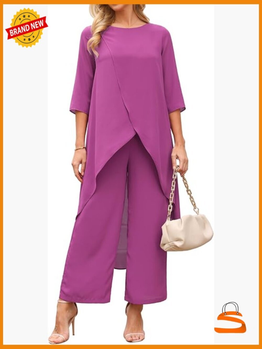 Two Piece Chiffon Pantsuit Set Dressy High Low Top Wide Leg Pants Formal